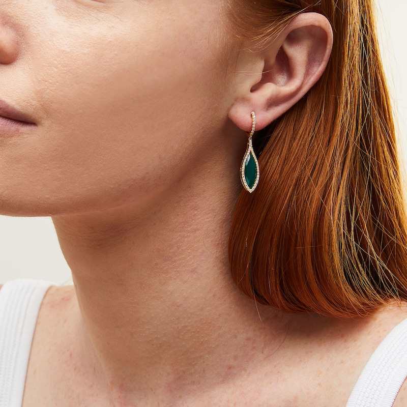 Main Image 2 of EFFY™ Collection Marquise Green Onyx and 0.29 CT. T.W. Diamond Frame Drop Earrings in 14K Gold