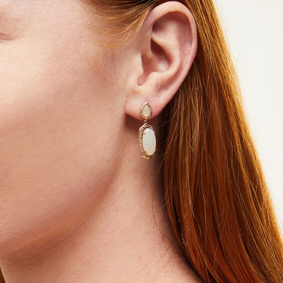 Oval and Pear-Shaped White Jade Textured Frame Drop Earrings in 14K Gold