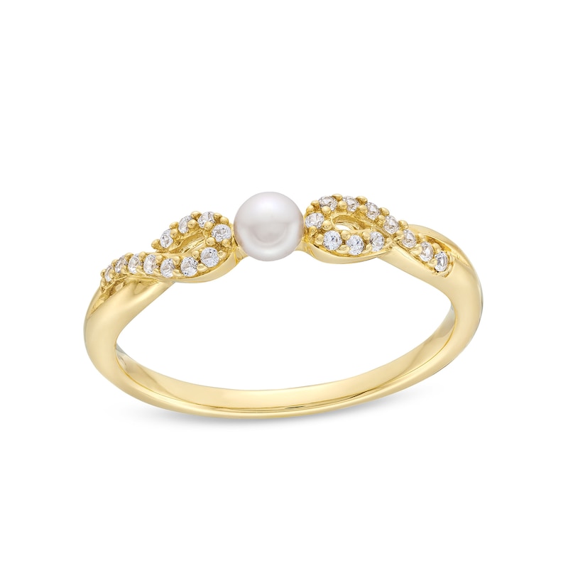 Main Image 1 of Freshwater Cultured Pearl and White Lab-Created Sapphire Infinity Twist Shank Ring in 10K Gold
