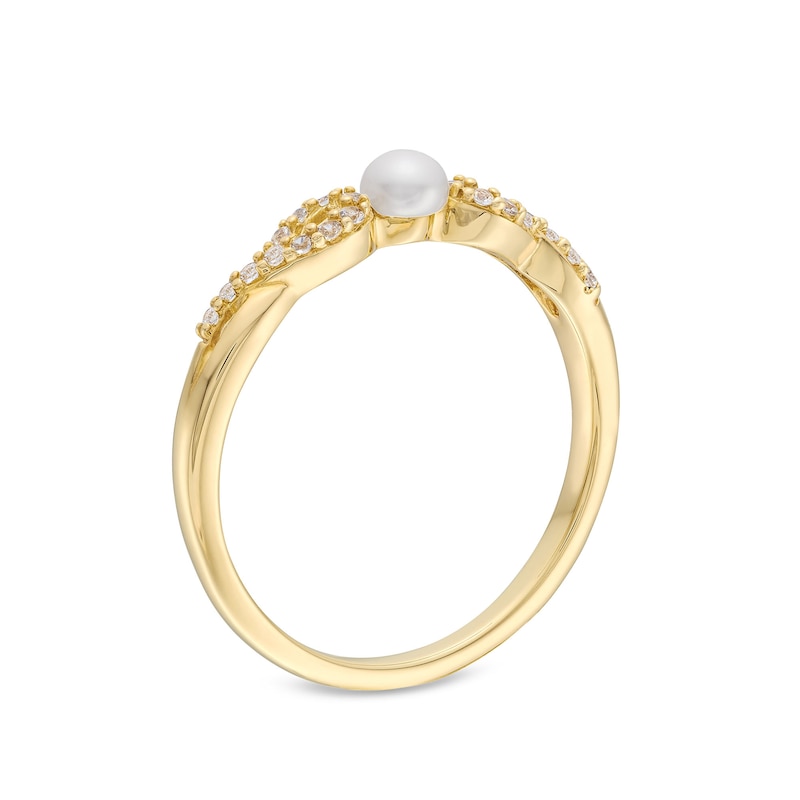 Main Image 3 of Freshwater Cultured Pearl and White Lab-Created Sapphire Infinity Twist Shank Ring in 10K Gold