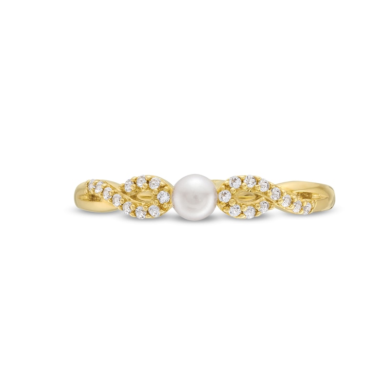 Main Image 4 of Freshwater Cultured Pearl and White Lab-Created Sapphire Infinity Twist Shank Ring in 10K Gold