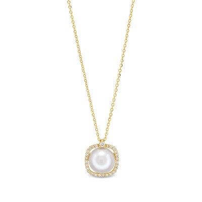Freshwater Cultured Pearl and 0.085 CT. T.W. Diamond Cushion-Shaped Frame Pendant in 10K Gold