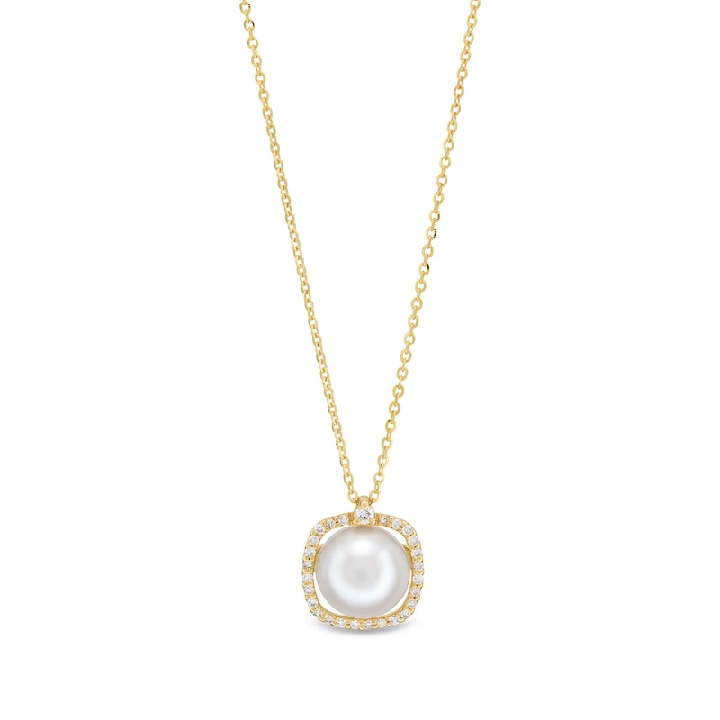 Main Image 1 of Freshwater Cultured Pearl and 0.085 CT. T.W. Diamond Cushion-Shaped Frame Pendant in 10K Gold