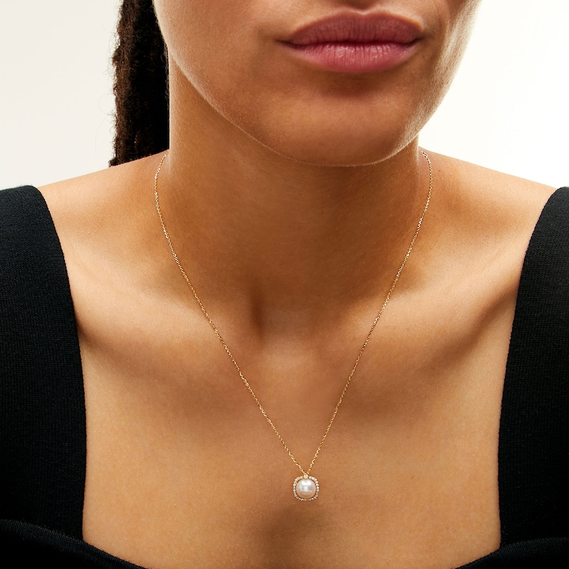 Main Image 2 of Freshwater Cultured Pearl and 0.085 CT. T.W. Diamond Cushion-Shaped Frame Pendant in 10K Gold