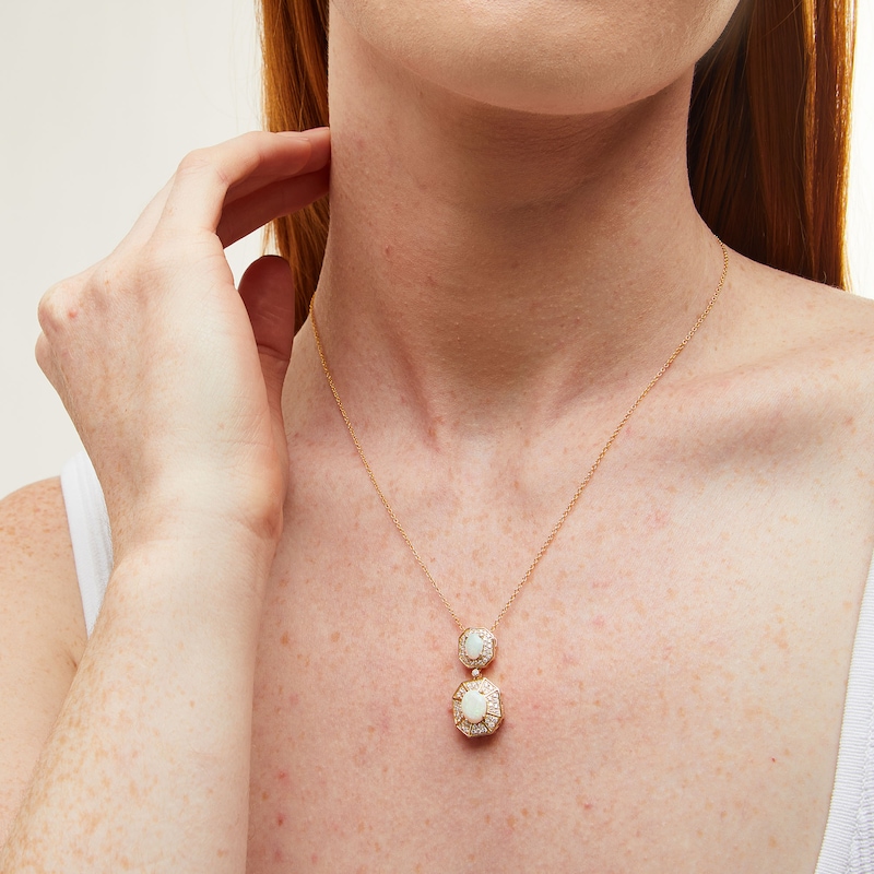 Main Image 2 of EFFY™ Collection Oval Opal and 0.45 CT. T.W. Diamond Double Octagon Frame Drop Pendant in 14K Gold