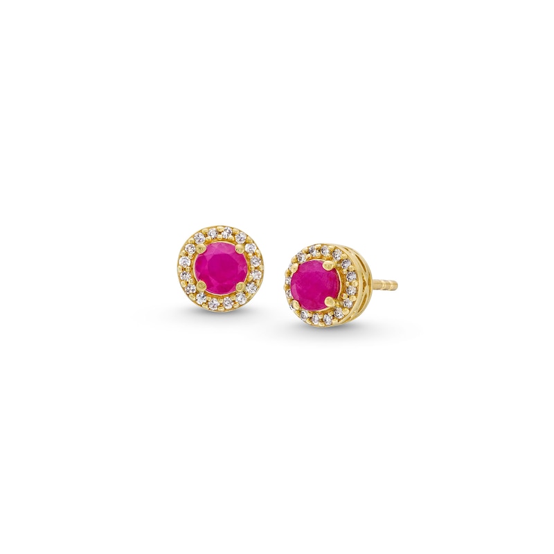Main Image 1 of 4.0mm Certified Ruby and 0.085 CT. T.W. Diamond Frame Stud Earrings in 14K Gold