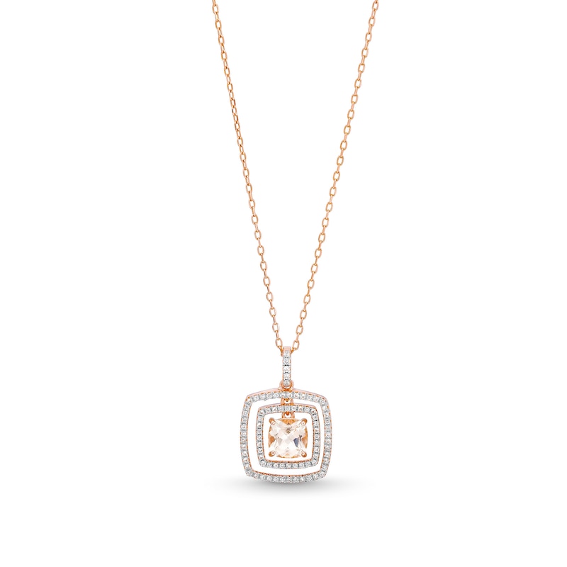 Main Image 1 of Cushion-Cut Morganite and White Lab-Created Sapphire Double Frame Pendant in Sterling Silver with 18K Rose Gold Plate