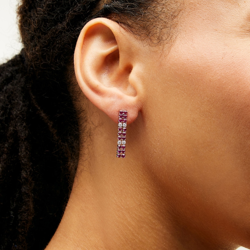 Main Image 2 of Certified Ruby and 0.25 CT. T.W. Diamond Alternating Double Row Linear Drop Earrings in 10K White Gold