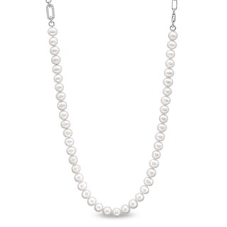 Freshwater Cultured Pearl and White Lab-Created Sapphire Paper Clip Chain Half-and-Half Necklace in Sterling Silver