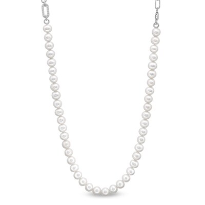 Freshwater Cultured Pearl and White Lab-Created Sapphire Paper Clip Chain Half-and-Half Necklace in Sterling Silver