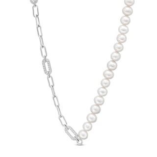 Freshwater Cultured Pearl and White Lab-Created Sapphire Paper Clip Chain Half-and-Half Necklace in Sterling Silver