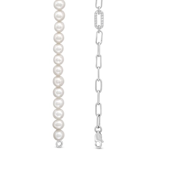 Freshwater Cultured Pearl and White Lab-Created Sapphire Paper Clip Chain Half-and-Half Necklace in Sterling Silver