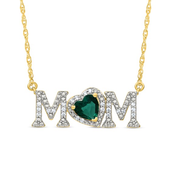 5.0mm Heart-Shaped Lab-Created Emerald and 0.10 CT. T.W. Diamond "MOM" Necklace in 10K Gold