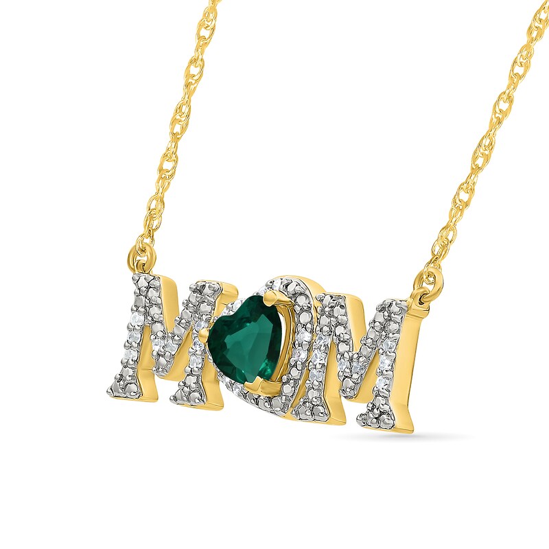 5.0mm Heart-Shaped Lab-Created Emerald and 0.10 CT. T.W. Diamond "MOM" Necklace in 10K Gold