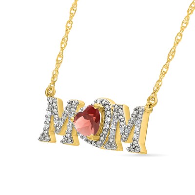 5.0mm Heart-Shaped Garnet and 0.10 CT. T.W. Diamond "MOM" Necklace in 10K Gold