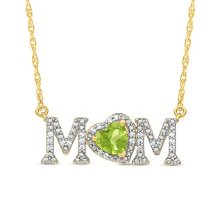 5.0mm Heart-Shaped Peridot and 0.10 CT. T.W. Diamond "MOM" Necklace in 10K Gold