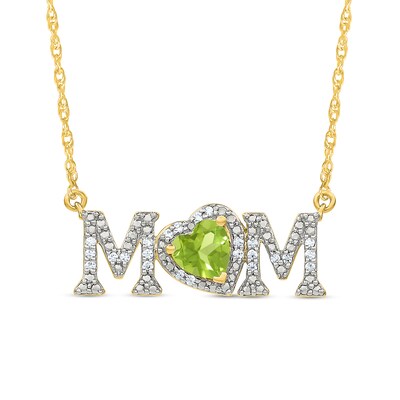 5.0mm Heart-Shaped Peridot and 0.10 CT. T.W. Diamond "MOM" Necklace in 10K Gold