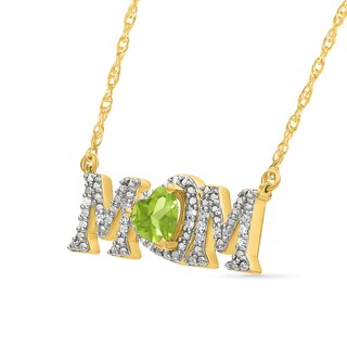 5.0mm Heart-Shaped Peridot and 0.10 CT. T.W. Diamond "MOM" Necklace in 10K Gold
