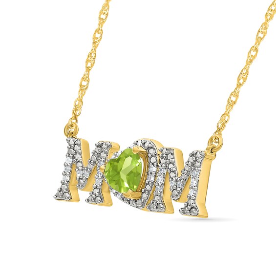 5.0mm Heart-Shaped Peridot and 0.10 CT. T.W. Diamond "MOM" Necklace in 10K Gold