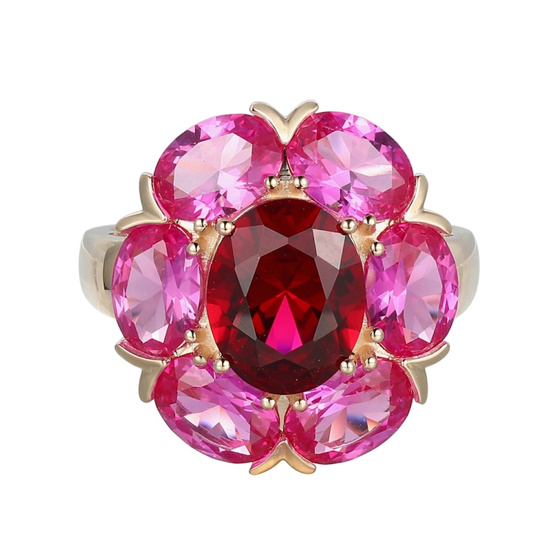 Oval Lab-Created Ruby and Pink Lab-Created Sapphire Flower Ring in 10K Gold