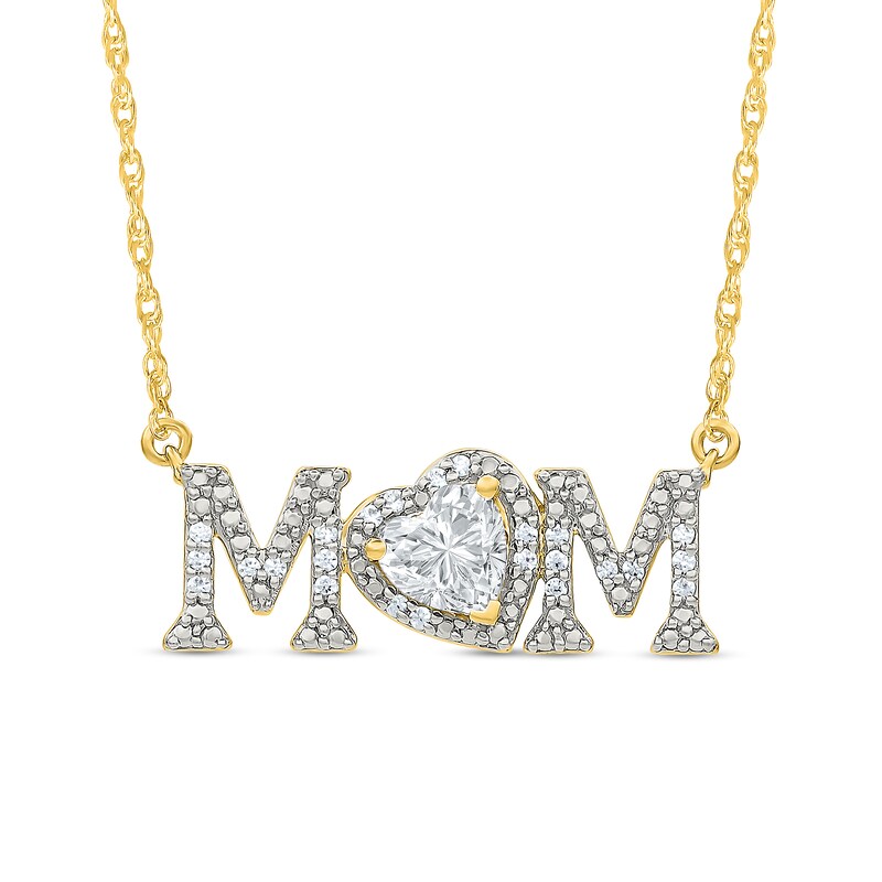 Main Image 1 of 5.0mm Heart-Shaped White Lab-Created Sapphire and 0.10 CT. T.W. Diamond "MOM" Necklace in 10K Gold