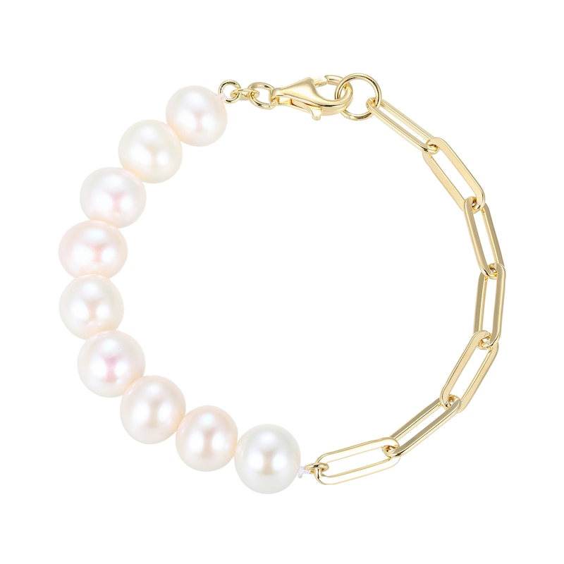 Main Image 1 of Freshwater Cultured Pearl and Paper Clip Chain Half-and-Half Bracelet in Sterling Silver with 18K Gold Plate-7.5"