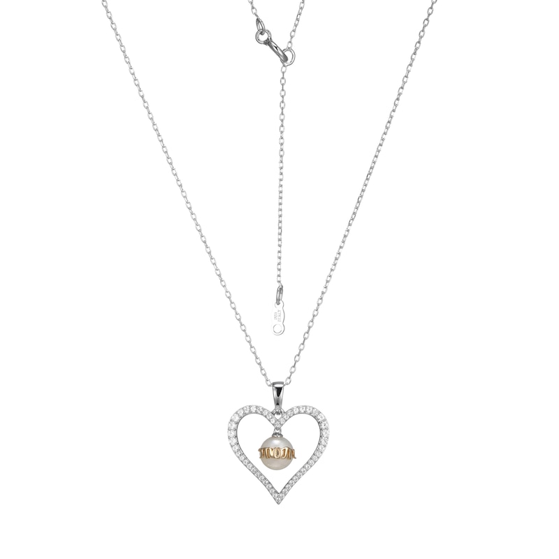 Main Image 1 of 6.5-7.0mm Freshwater Cultured Pearl and White Lab-Created Sapphire "MOM" Heart Pendant in Sterling Silver and 10K Gold
