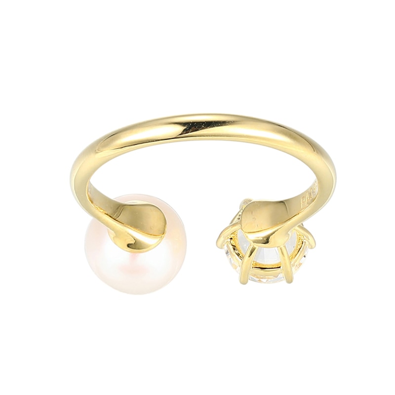 Main Image 2 of Freshwater Cultured Pearl and White Lab-Created Sapphire Toi et Moi Open Ring in Sterling Silver with 18K Gold Plate