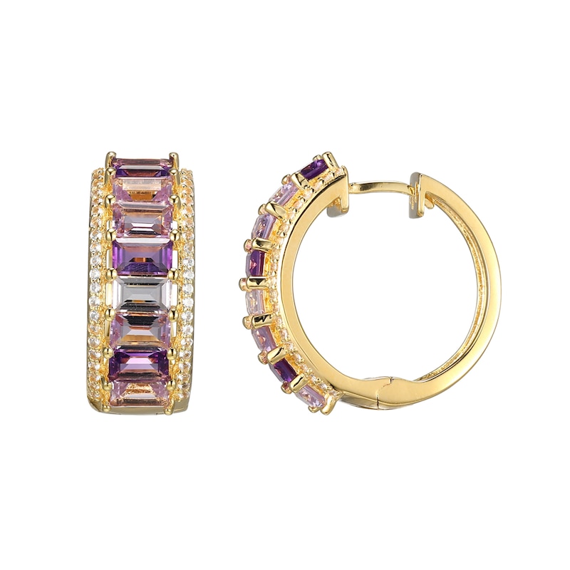Main Image 1 of Baguette Amethyst and White Lab-Created Sapphire Huggie Hoop Earrings in Sterling Silver with 18K Gold Plate