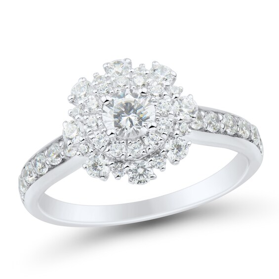 1.00 CT. T.w. Diamond Double Flower Frame Engagement Ring in 14K White