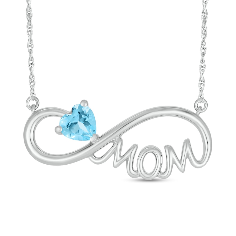 5.0mm Heart-Shaped Swiss Blue Topaz "MOM" Infinity Necklace in Sterling Silver