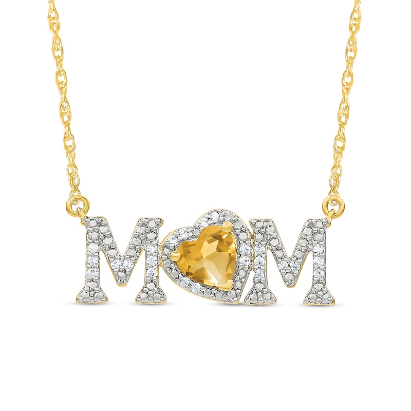 5.0mm Heart-Shaped Citrine and 0.10 CT. T.W. Diamond "MOM" Necklace in 10K Gold