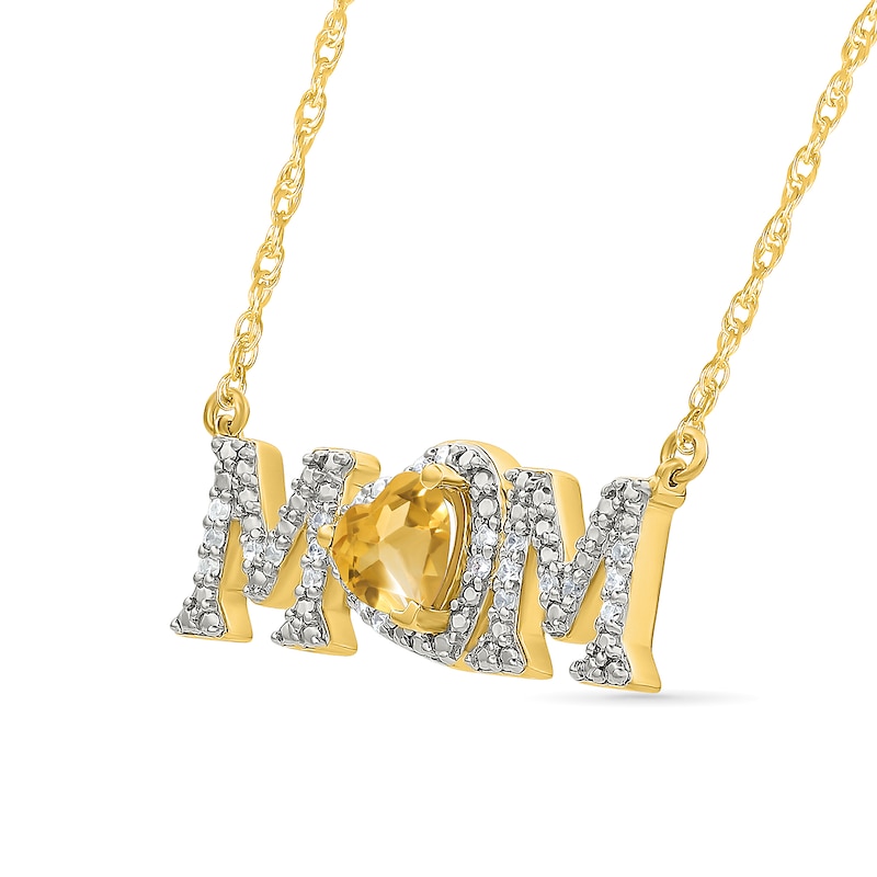 5.0mm Heart-Shaped Citrine and 0.10 CT. T.W. Diamond "MOM" Necklace in 10K Gold