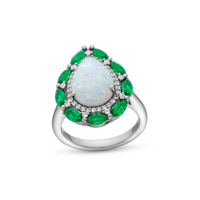 Pear-Shaped Lab-Created Opal, Lab-Created Emerald and White Lab-Created Sapphire Double Frame Ring in Sterling Silver