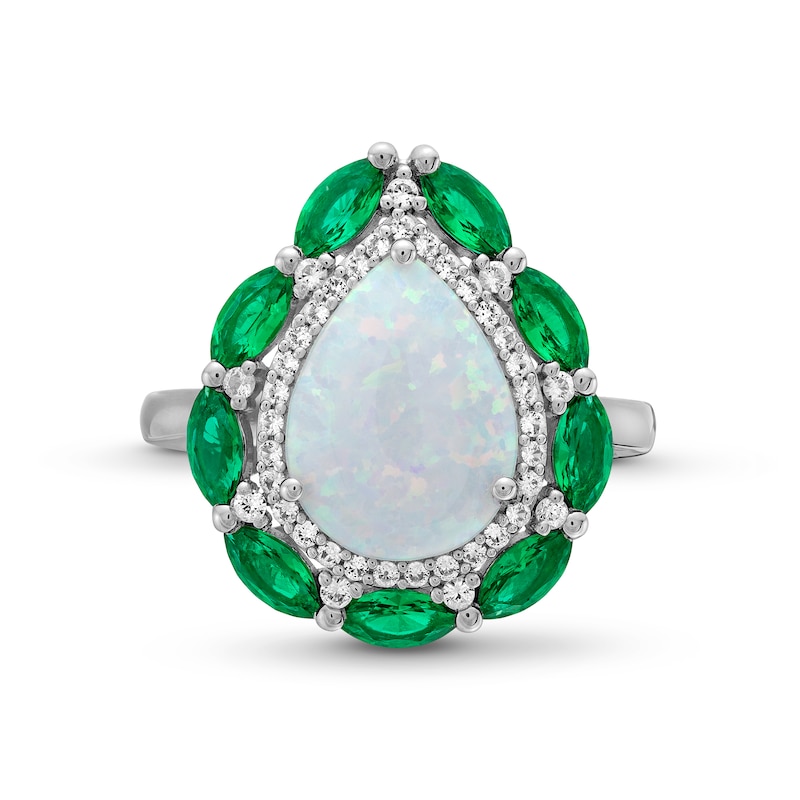 Main Image 4 of Pear-Shaped Lab-Created Opal, Lab-Created Emerald and White Lab-Created Sapphire Double Frame Ring in Sterling Silver