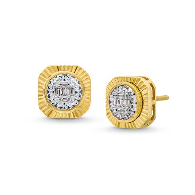 0.30 CT. T.W. Baguette and Round Multi-Diamond Cushion-Shaped Stud Earrings in 10K Gold