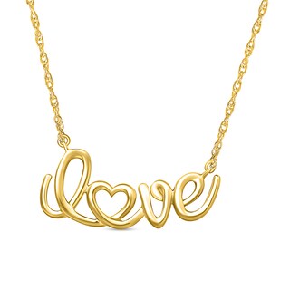 Lowercase Cursive "love" with Heart Necklace in 10K Gold