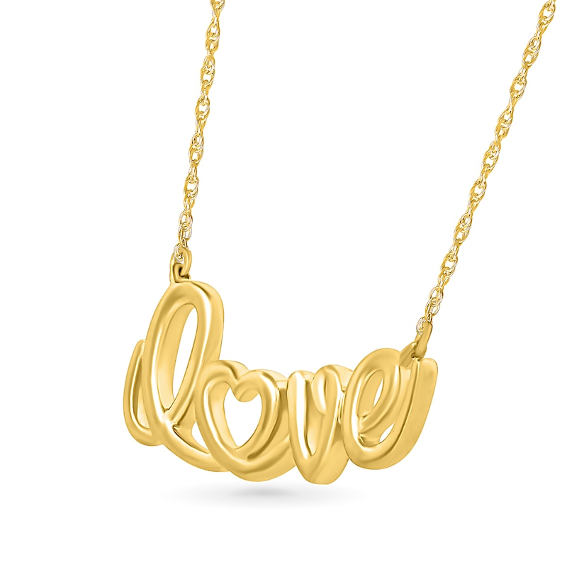 Lowercase Cursive "love" with Heart Necklace in 10K Gold