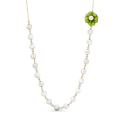 Green and White Jade Flower Bead Chain Necklace in 14K Gold