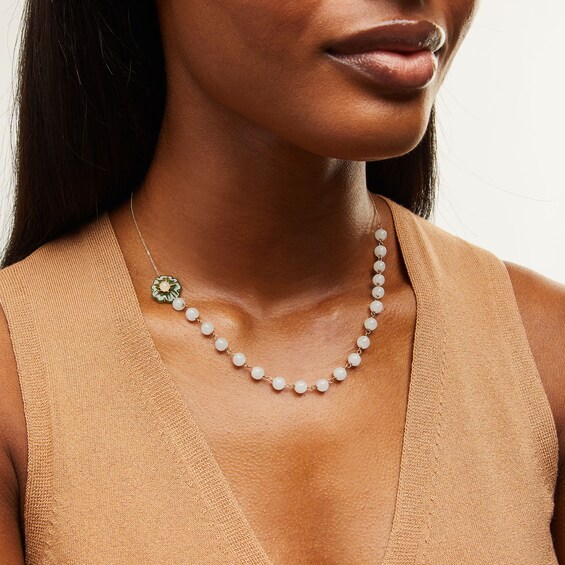 Green and White Jade Flower Bead Chain Necklace in 14K Gold