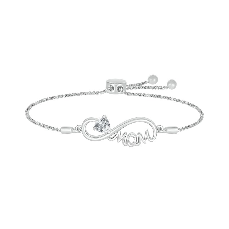 Main Image 1 of 5.0mm Heart-Shaped White Lab-Created Sapphire "MOM" Infinity Bolo Bracelet in Sterling Silver - 9"