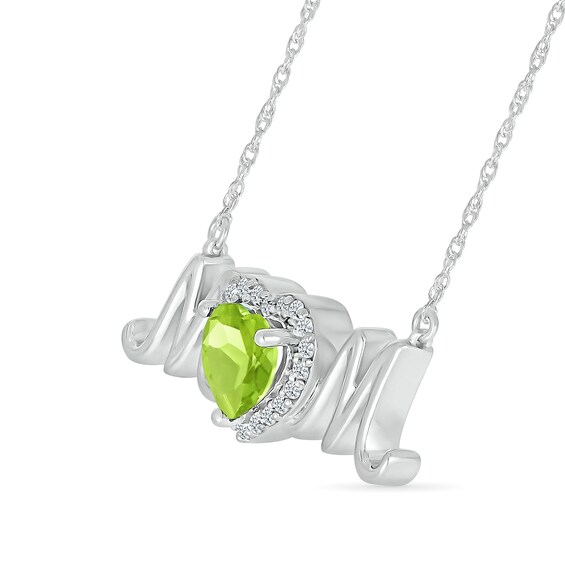 6.0mm Heart-Shaped Peridot and White Lab-Created Sapphire "MOM" Necklace in Sterling Silver