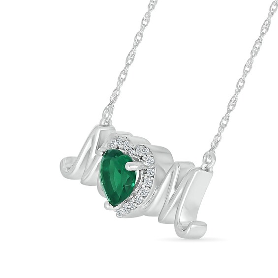 6.0mm Heart-Shaped Lab-Created Emerald and White Lab-Created Sapphire "MOM" Necklace in Sterling Silver
