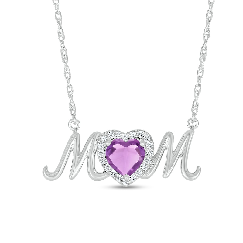 Main Image 1 of 6.0mm Heart-Shaped Amethyst and White Lab-Created Sapphire "MOM" Necklace in Sterling Silver