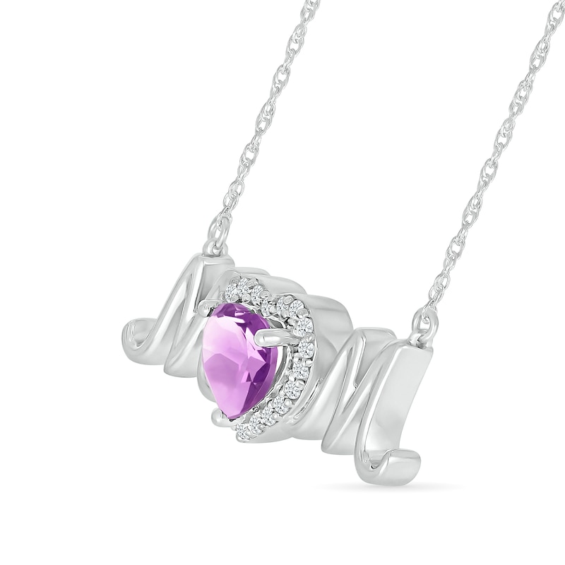 Main Image 2 of 6.0mm Heart-Shaped Amethyst and White Lab-Created Sapphire "MOM" Necklace in Sterling Silver