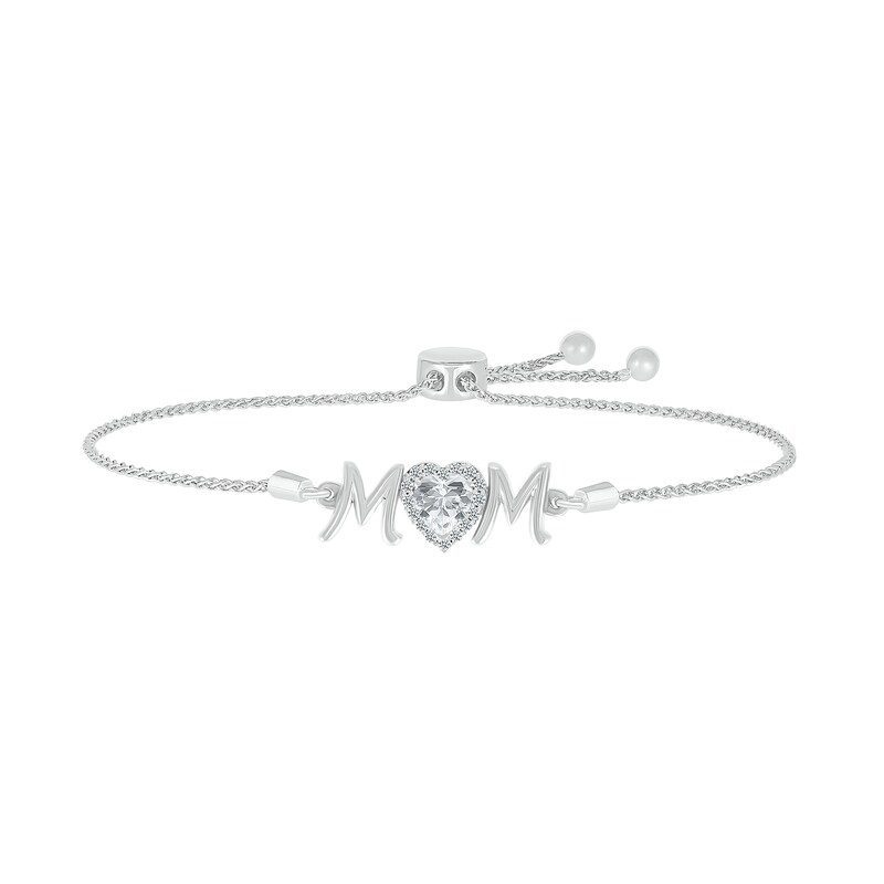 Main Image 1 of 6.0mm Heart-Shaped White Lab-Created Sapphire "MOM" Bolo Bracelet in Sterling Silver - 9"