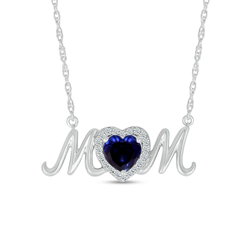 Main Image 1 of 6.0mm Heart-Shaped Blue and White Lab-Created Sapphire "MOM" Necklace in Sterling Silver
