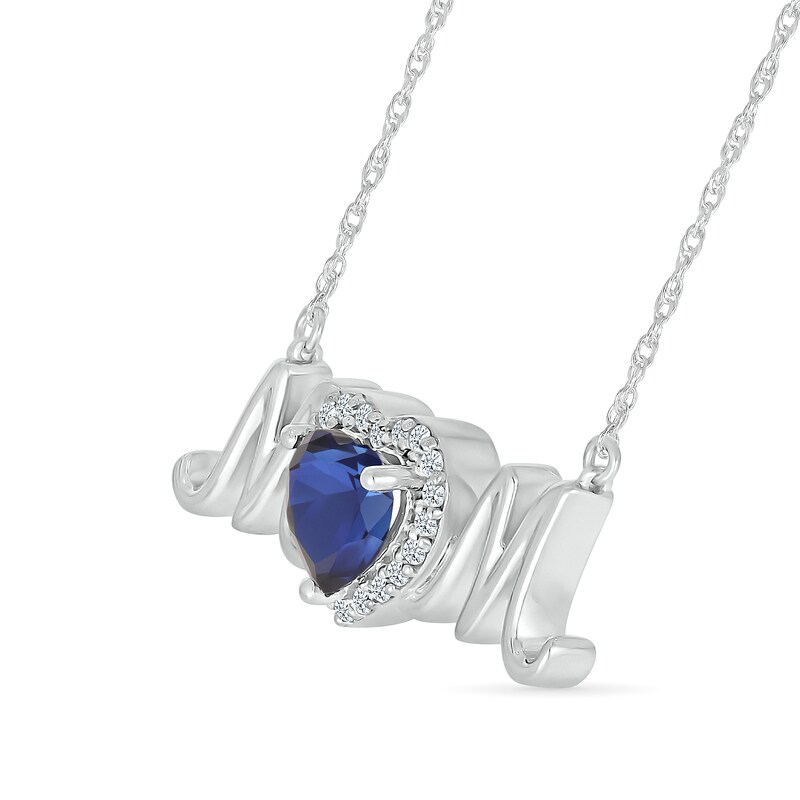 Main Image 2 of 6.0mm Heart-Shaped Blue and White Lab-Created Sapphire "MOM" Necklace in Sterling Silver