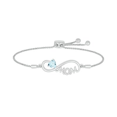 5.0mm Heart-Shaped Aquamarine "MOM" Infinity Bolo Bracelet in Sterling Silver - 9"