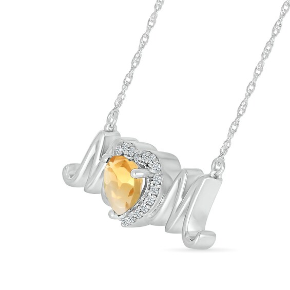 6.0mm Heart-Shaped Citrine and White Lab-Created Sapphire "MOM" Necklace in Sterling Silver